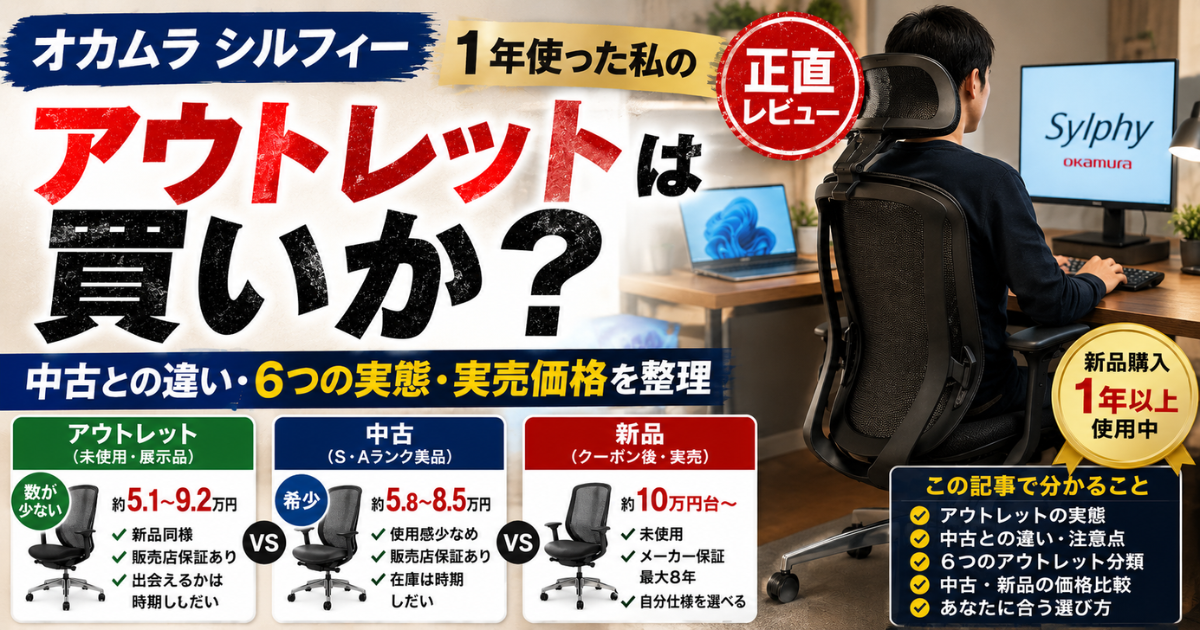 オカムラ シルフィーのアウトレットは買いなのかを1年以上使用した筆者がレビュー。中古との違い・実売価格・アウトレットの実態を比較解説