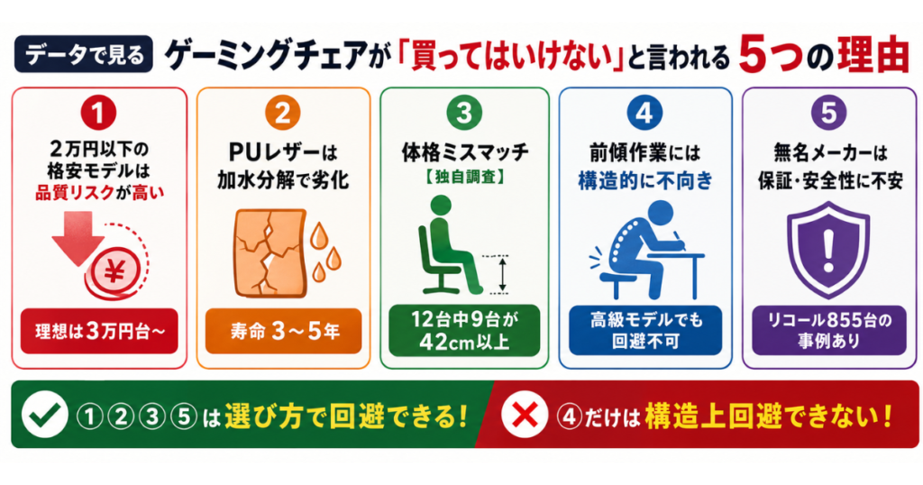 ゲーミングチェアを買ってはいけないと言われる5つの理由の要約図解|格安品質・PUレザー劣化・体格ミスマッチ・前傾不向き・保証不安