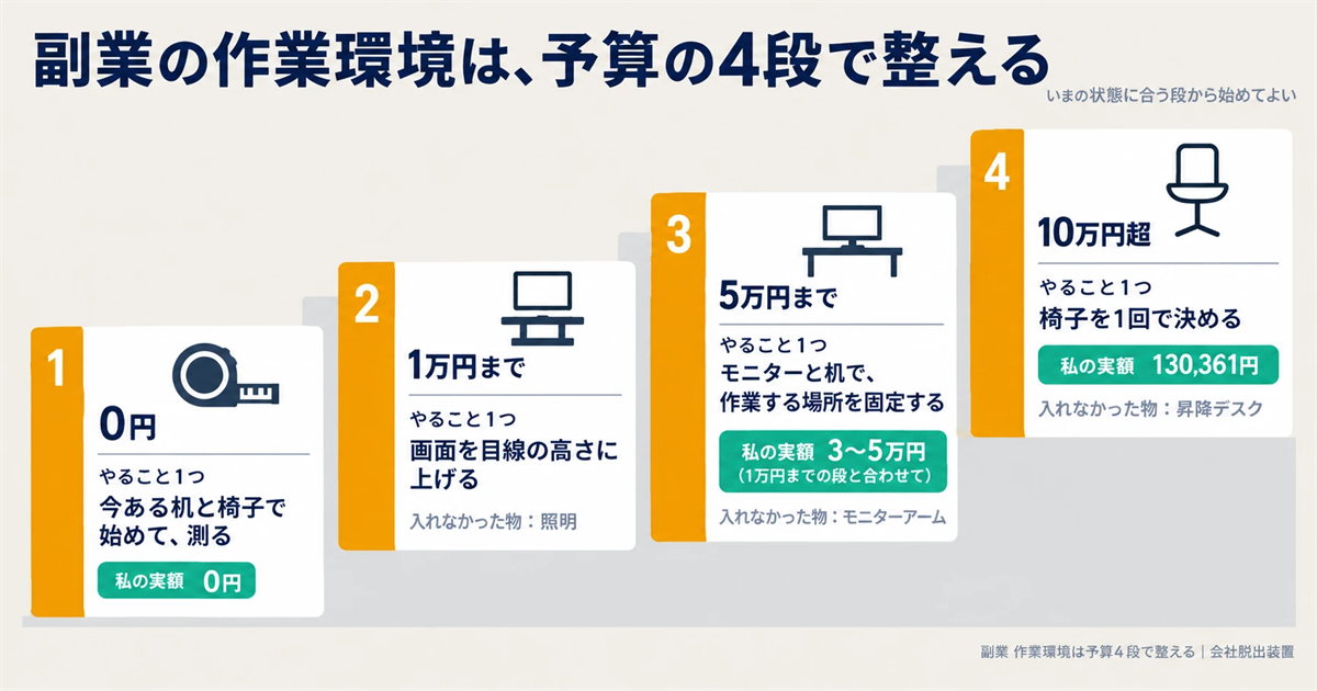 副業の作業環境を予算の4段(0円・1万円まで・5万円まで・10万円超)に分けた階段の図解