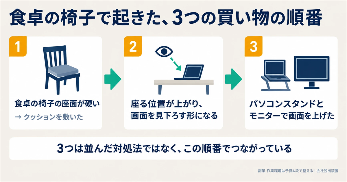 食卓の椅子にクッションを敷いてから、パソコンスタンドとモニターで画面を上げるまでの順番の図解