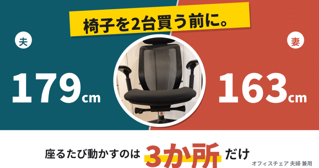 身長差16cmの夫婦が1台のオフィスチェアを共用するときに動かす3か所